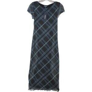 Bebe Black Green Plaid Mesh Midi Dress Flutter Sleeve Lettuce Hem NWT Size S